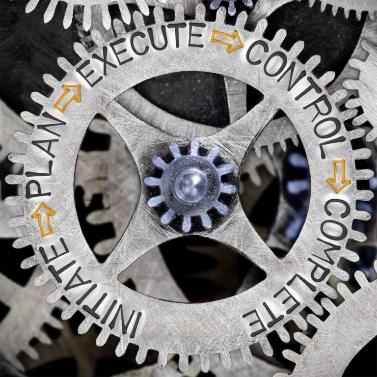 Macro photo of tooth wheel mechanism with INITIATE, PLAN, MONITOR, CONTROL, EXECUTE and COMPLETE words imprinted on metal surface